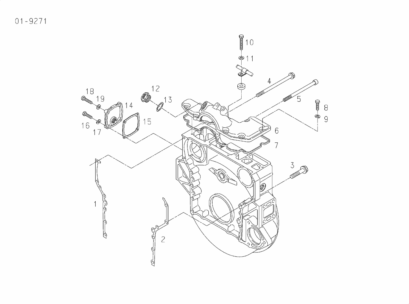Exploded view of flywheel housing mounting parts