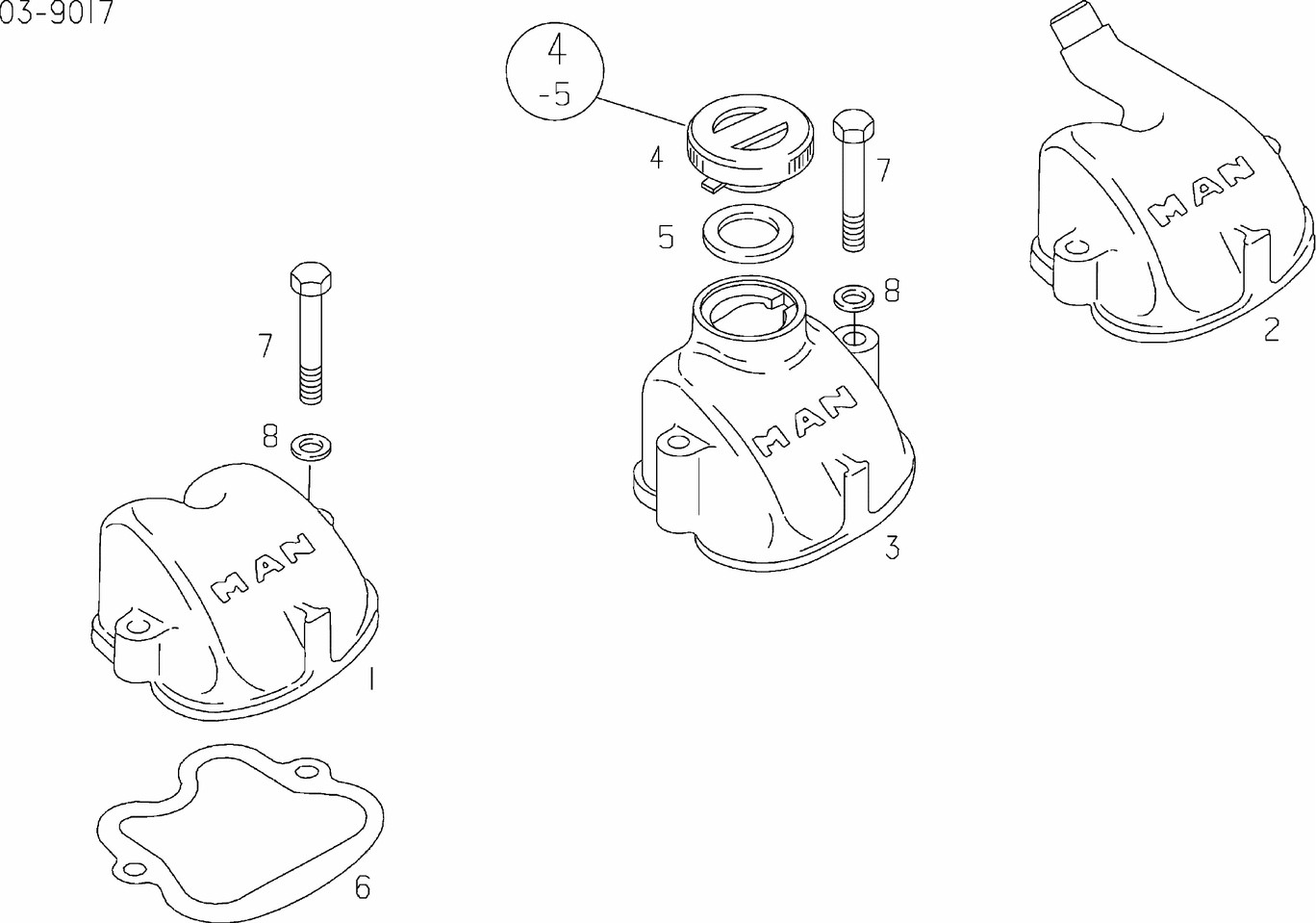 MAN D2842 LE301 cylinder head cover exploded parts diagram with numbered positions