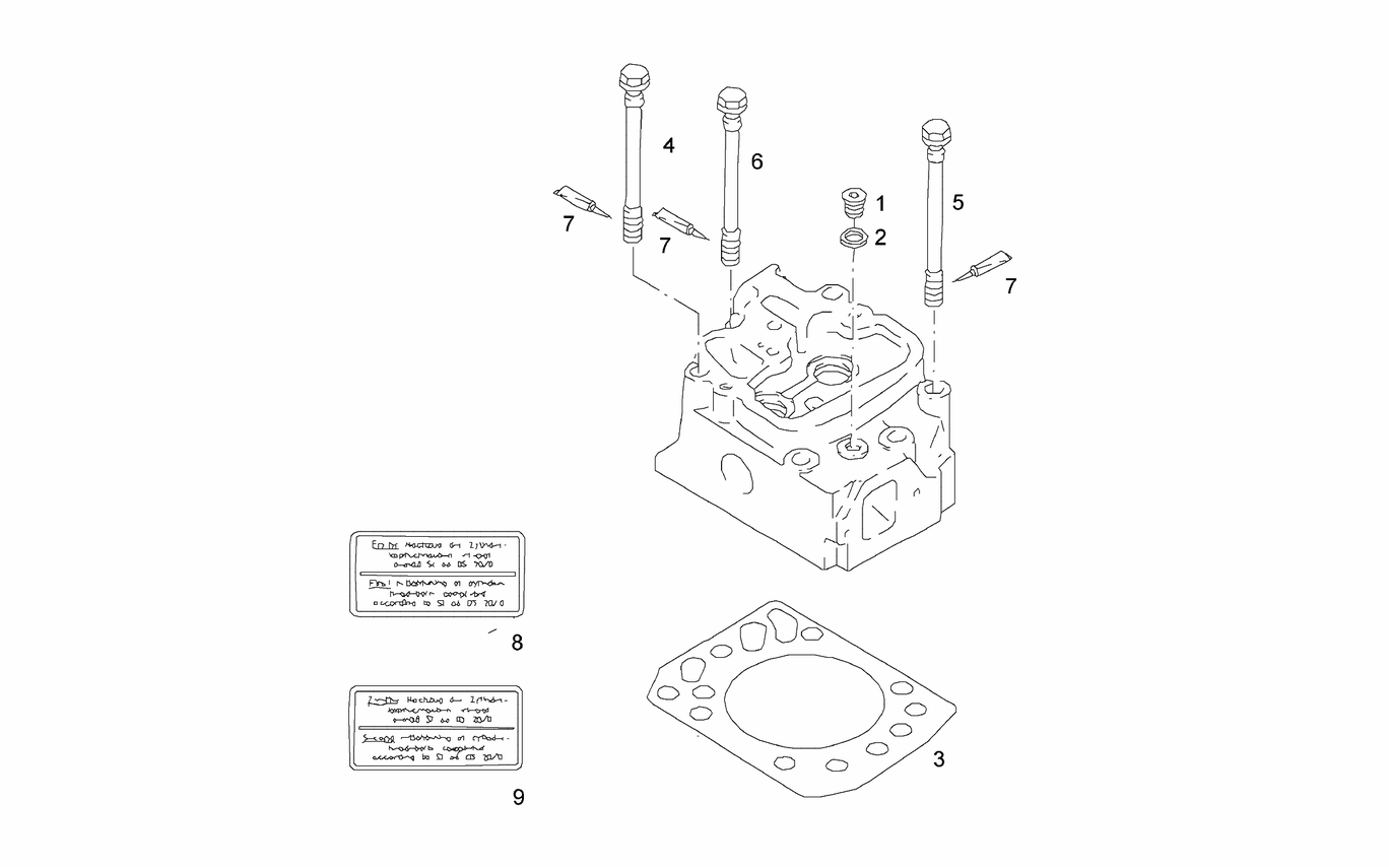 MAN D2842 LE301 cylinder head gasket cylinder head bolt exploded parts diagram with numbered positions