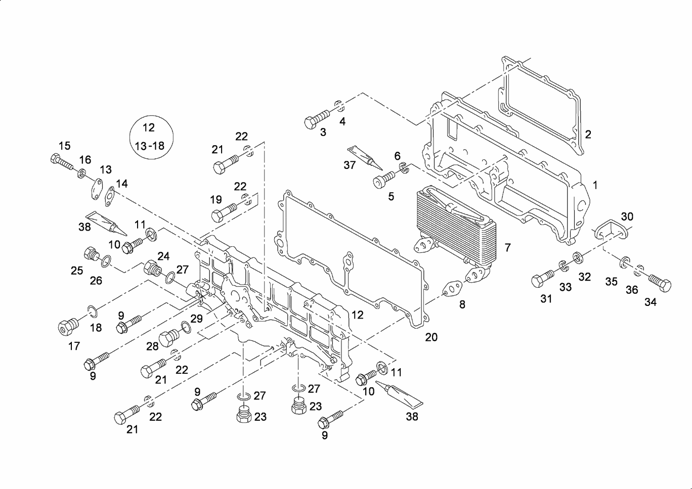 Exploded view of oil cooler