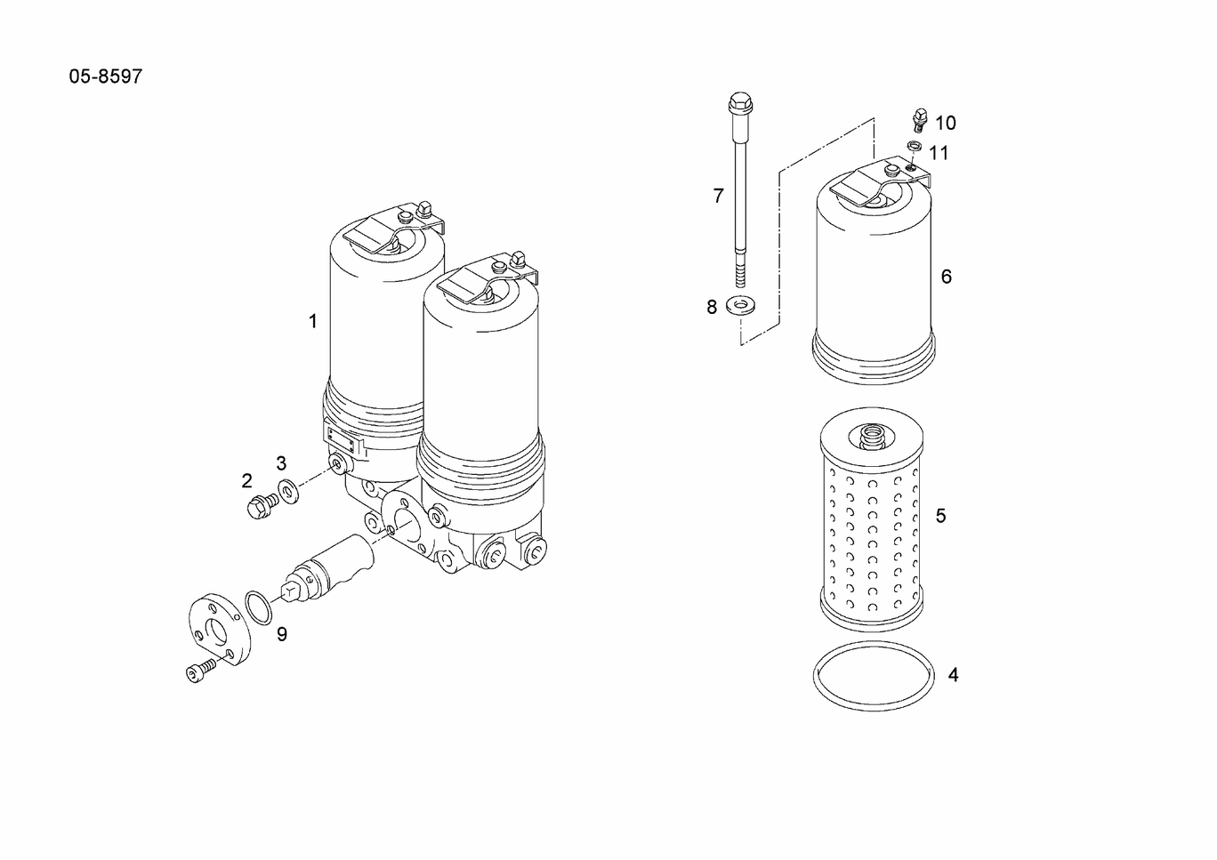 Exploded view of twin oil filter With change-over components 51.05501-7207