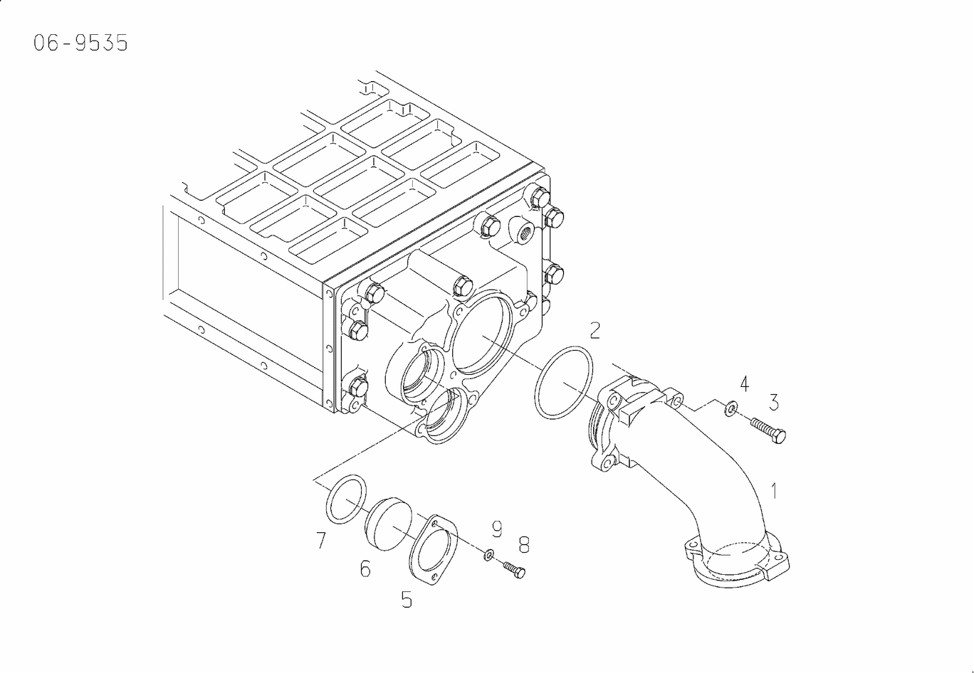 Exploded view of heat exchanger coolant elbow