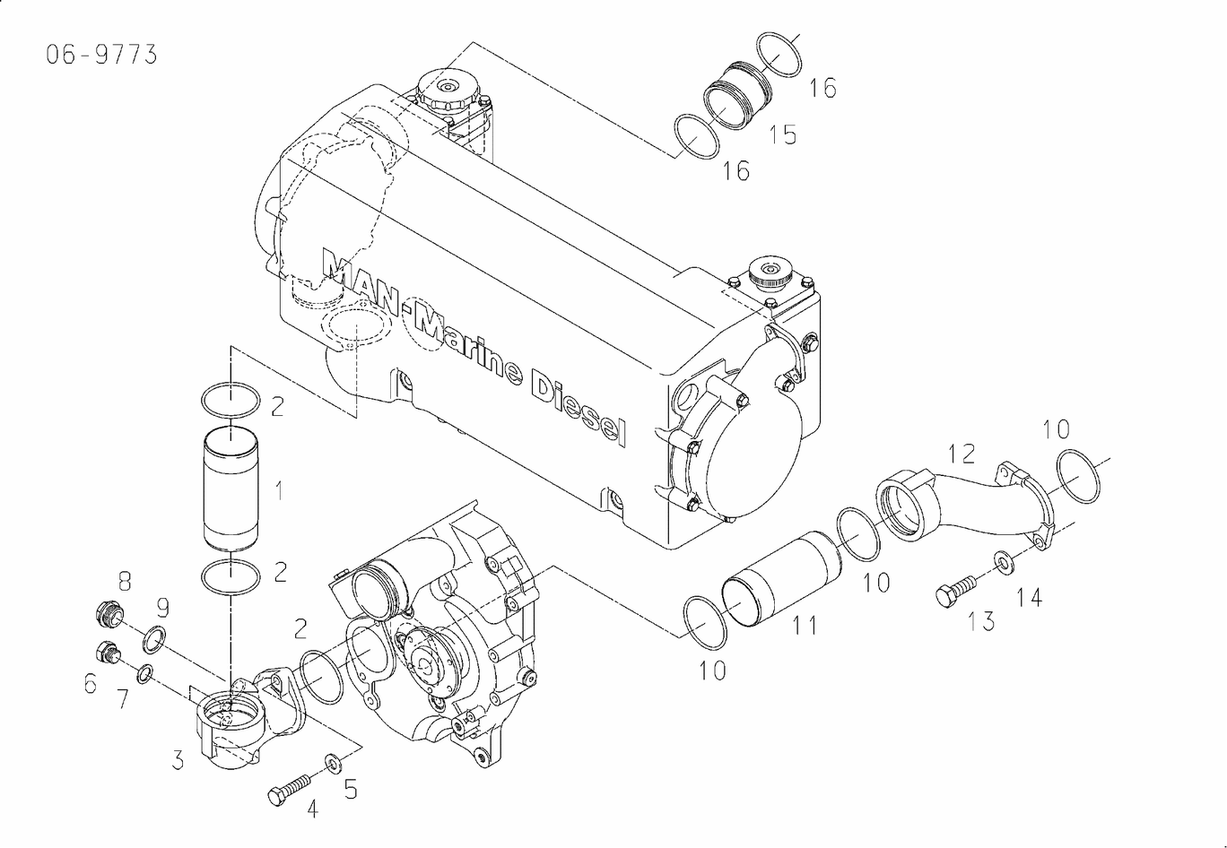 Exploded view of heat exchanger cooling water lines