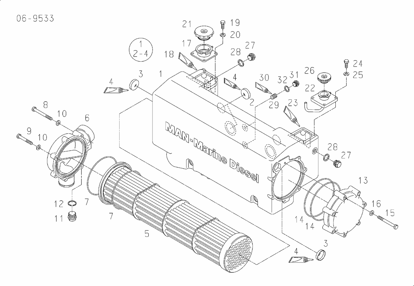 Exploded view of heat exchanger surge tank