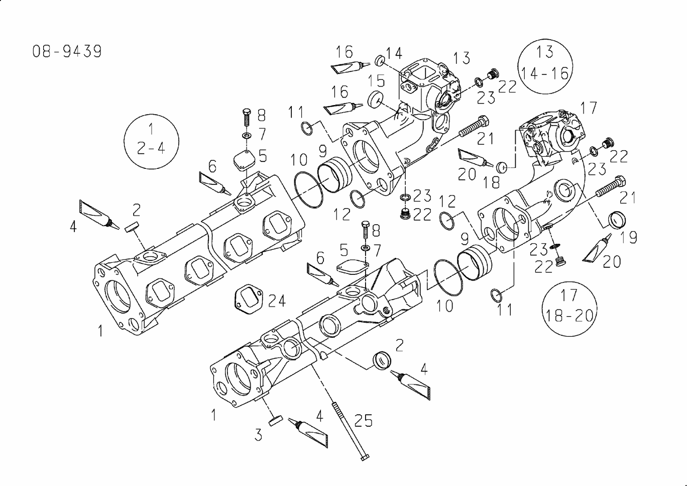Exploded view of exhaust pipes water cooled