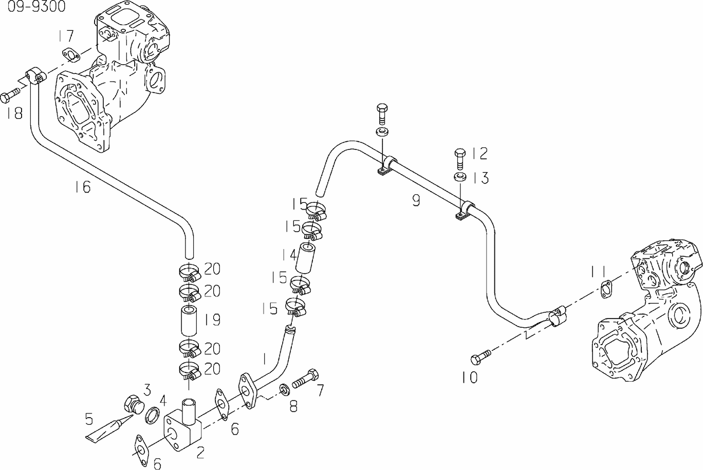 Exploded view of turbocharger cooling water lines