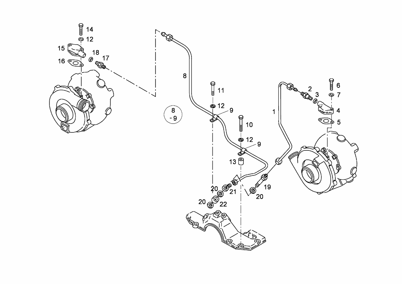 Exploded view of turbocharger oil pressure pipe