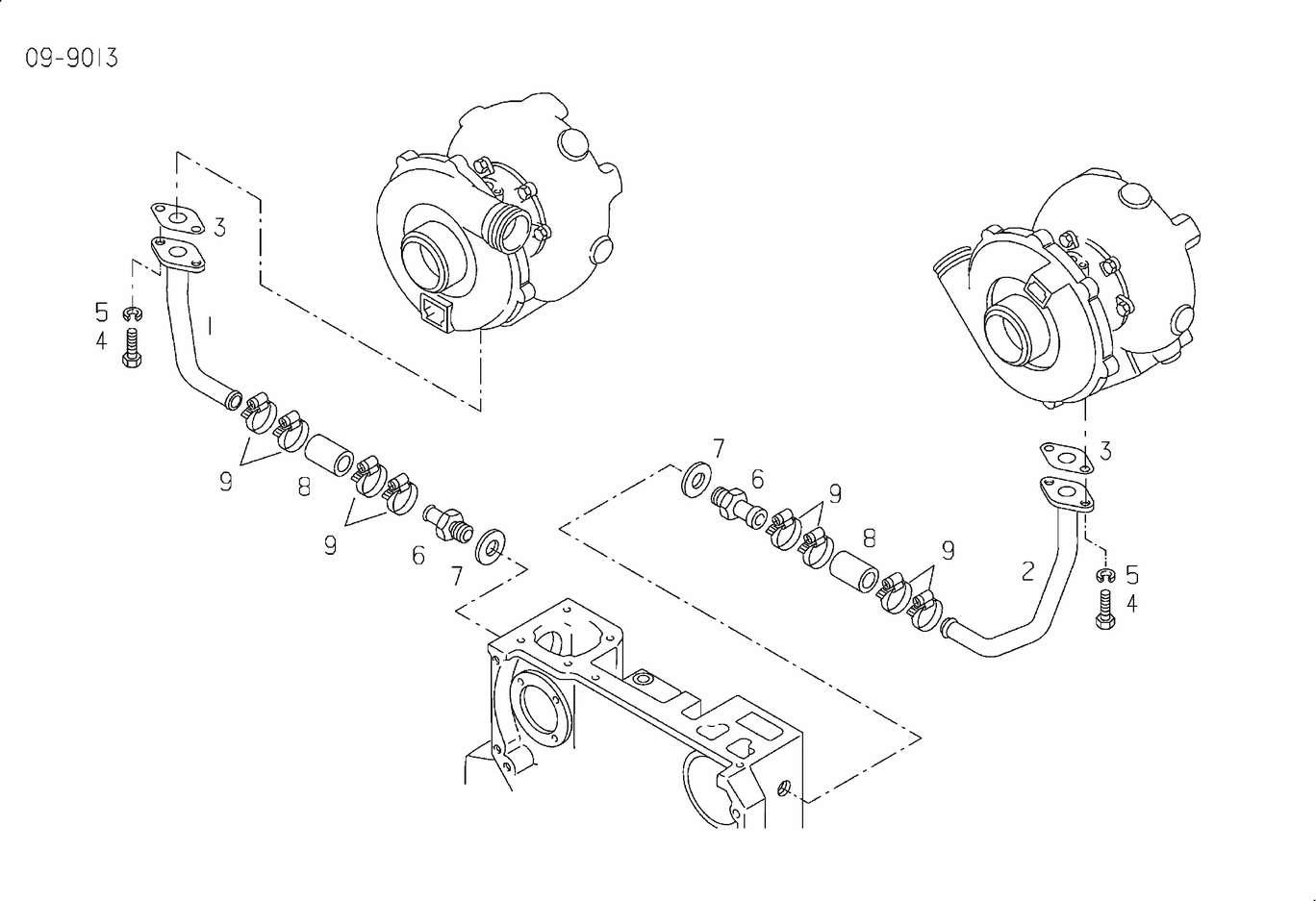 Exploded view of turbocharger oil return pipe