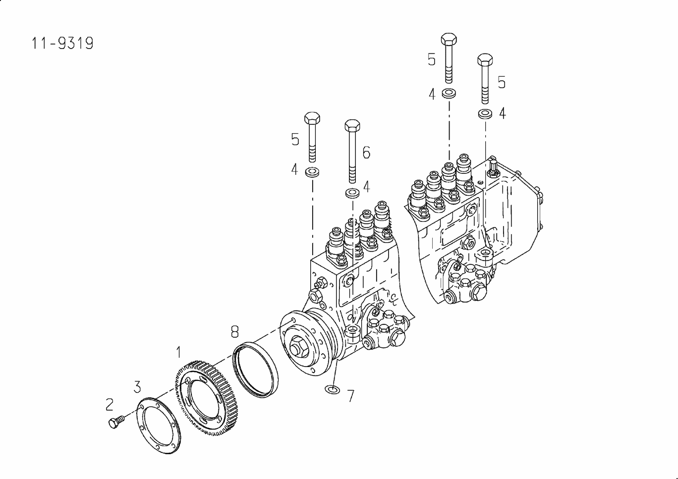 Exploded view of injection pump mounting parts