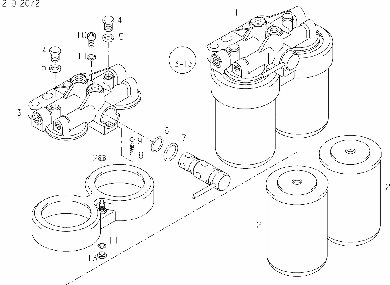 Exploded view of fuel filter components