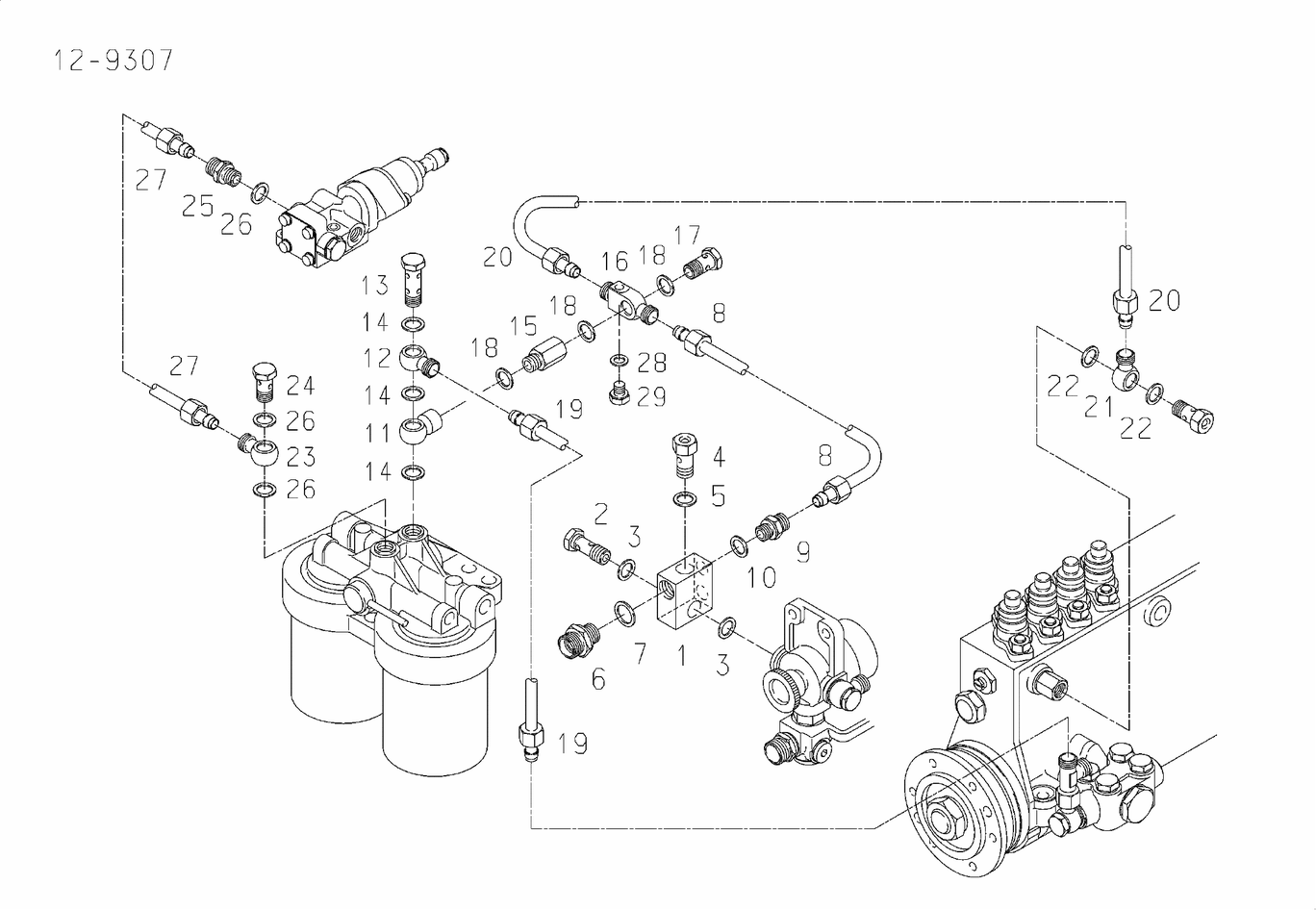 Exploded view of fuel lines injection pump fuel filter
