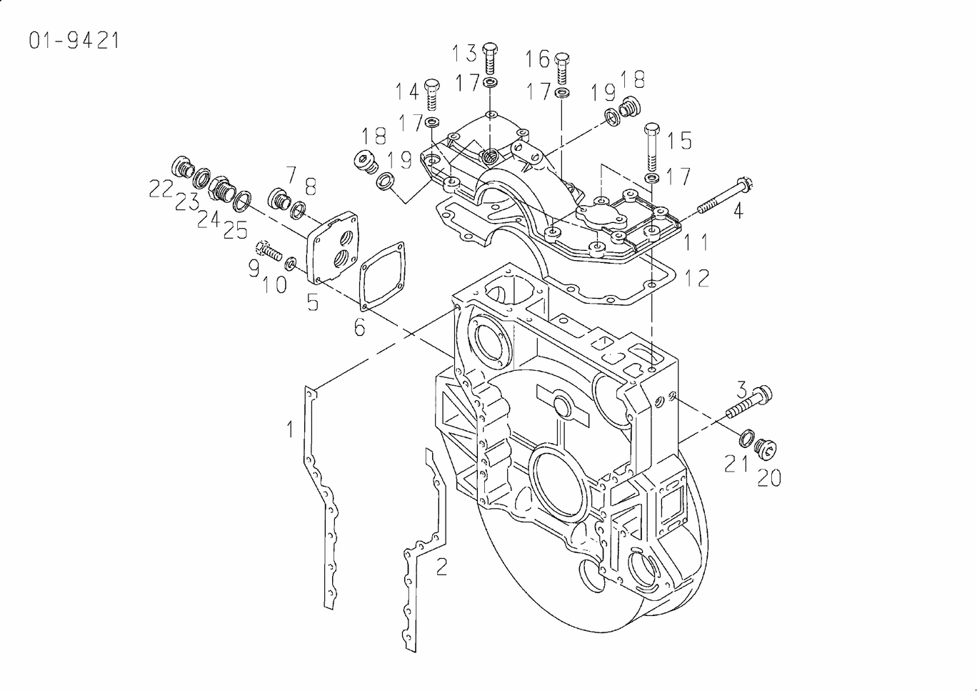 Exploded view of flywheel housing mounting parts
