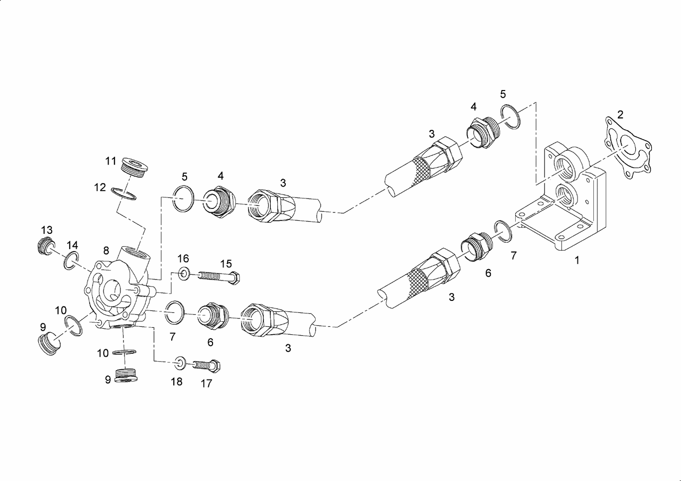 Exploded view of oil filter bracket hose lines intermediate flange