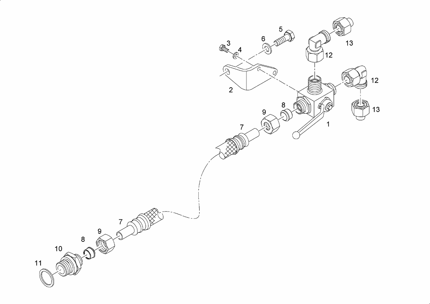 Exploded view of oil outlet left ball cock hose pipe