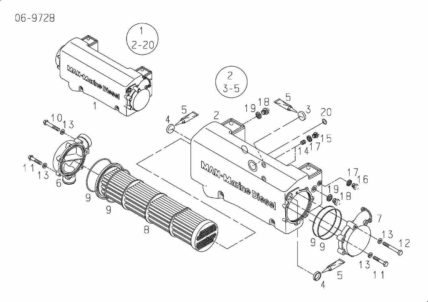 Exploded view of heat exchanger components
