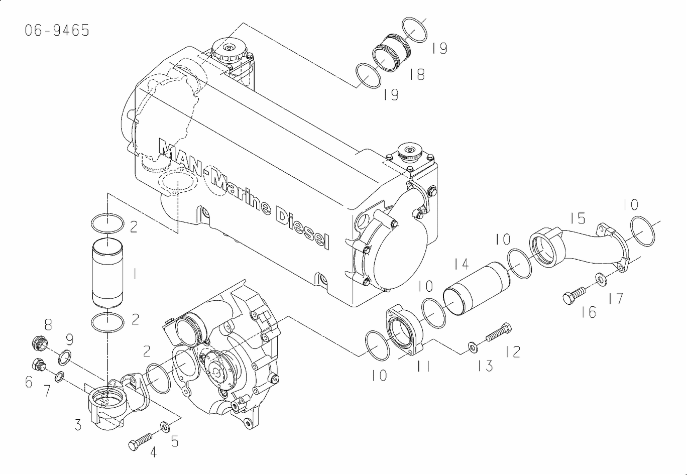 Exploded view of heat exchanger cooling water lines