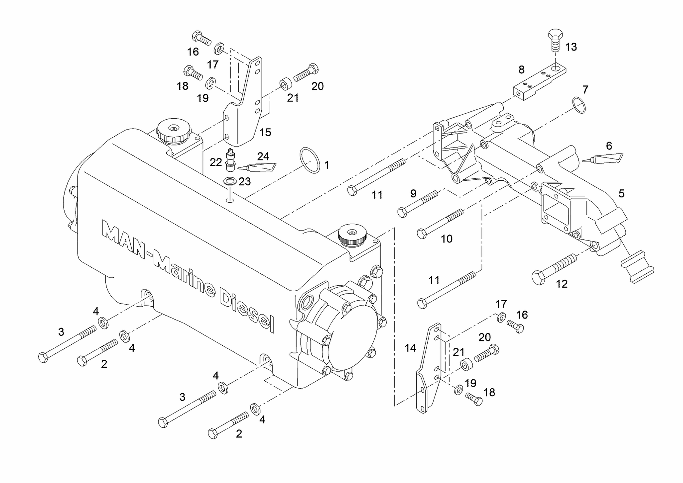 Exploded view of heat exchanger mounting parts