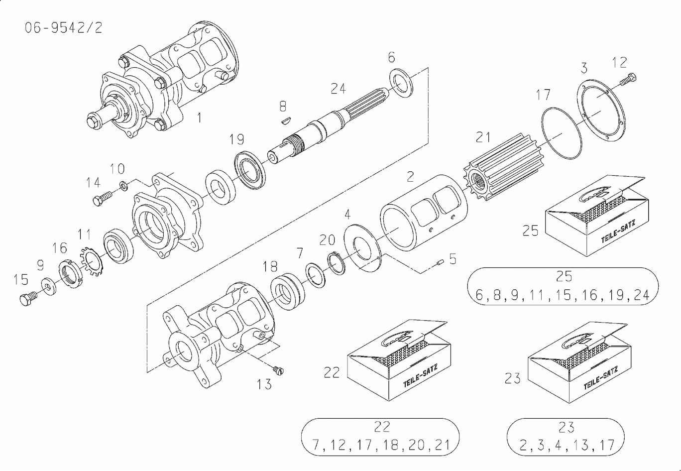 Exploded view of raw water pump components
