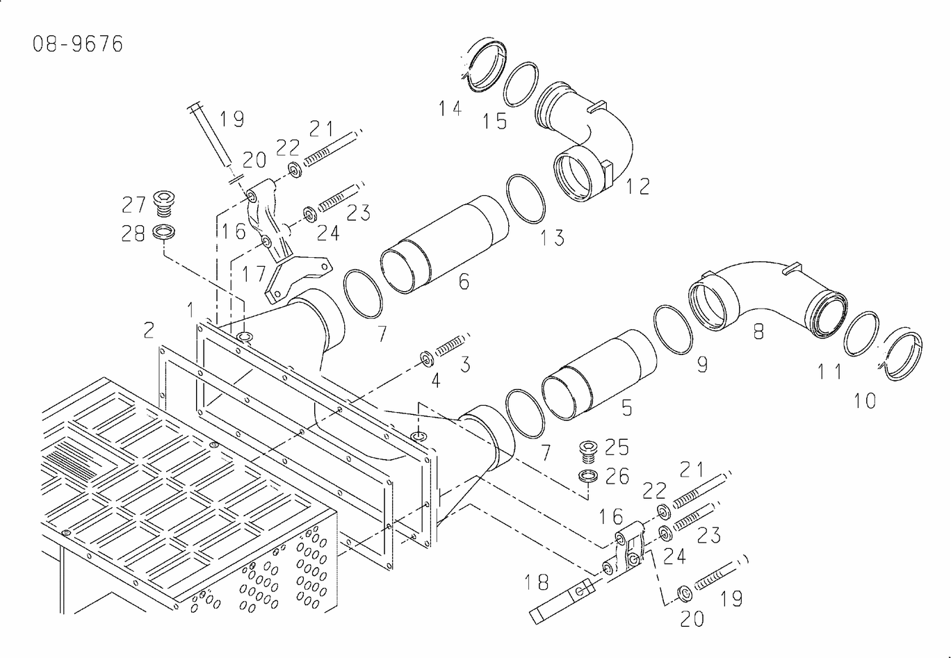 Exploded view of charge-air pipe intercooler elbow