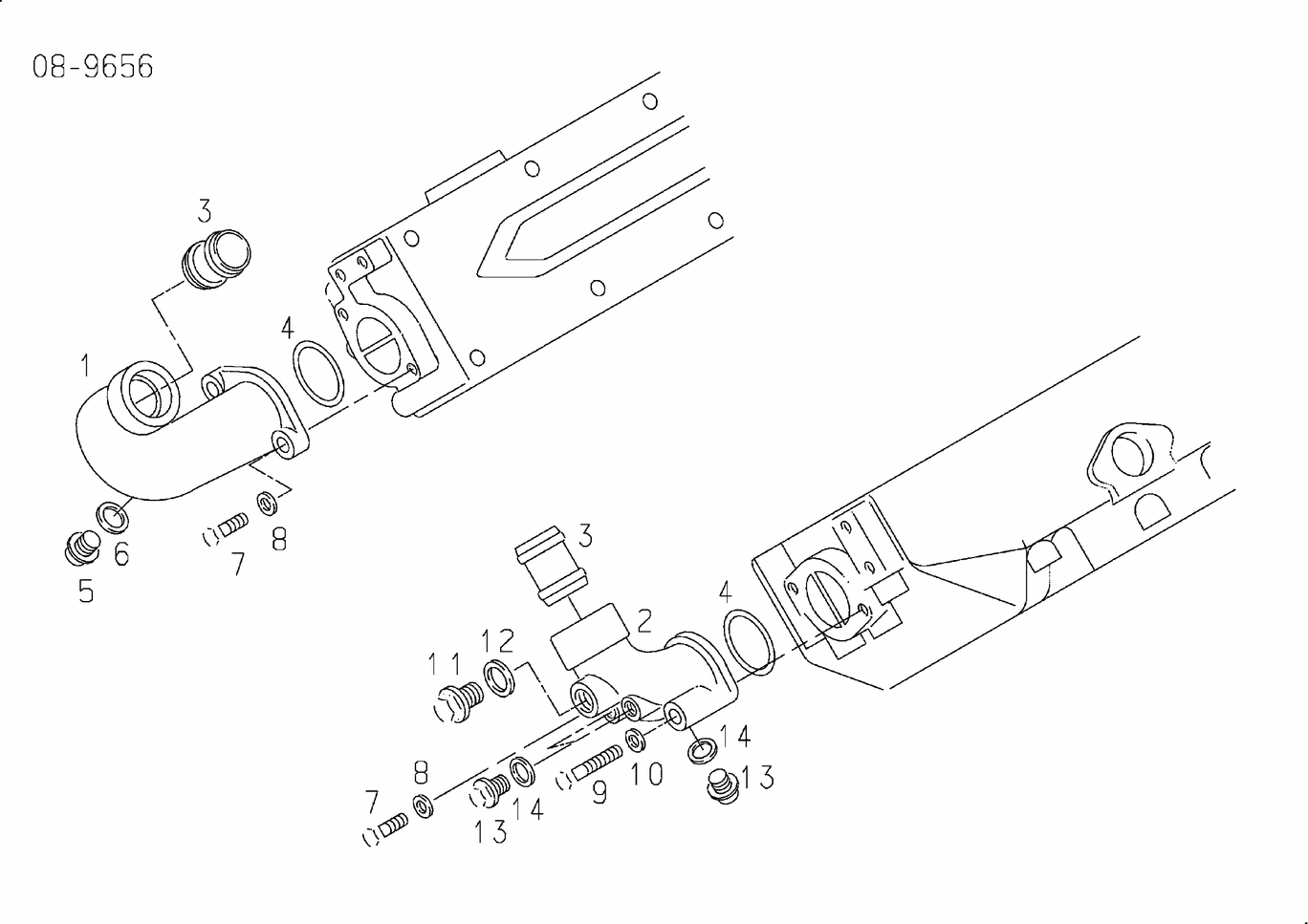 Exploded view of coolant elbow