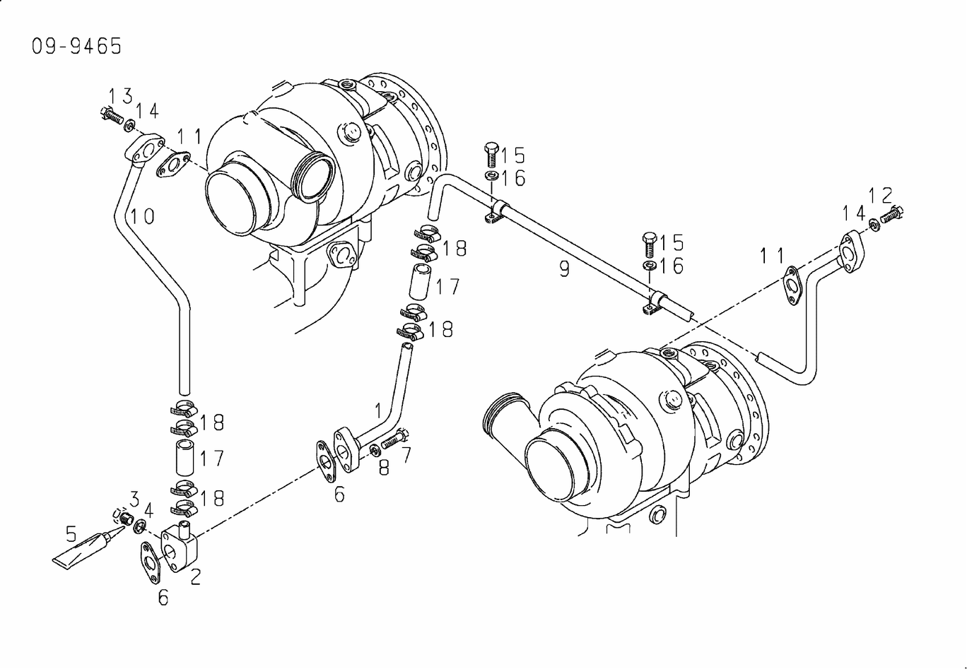 Exploded view of turbocharger cooling water lines