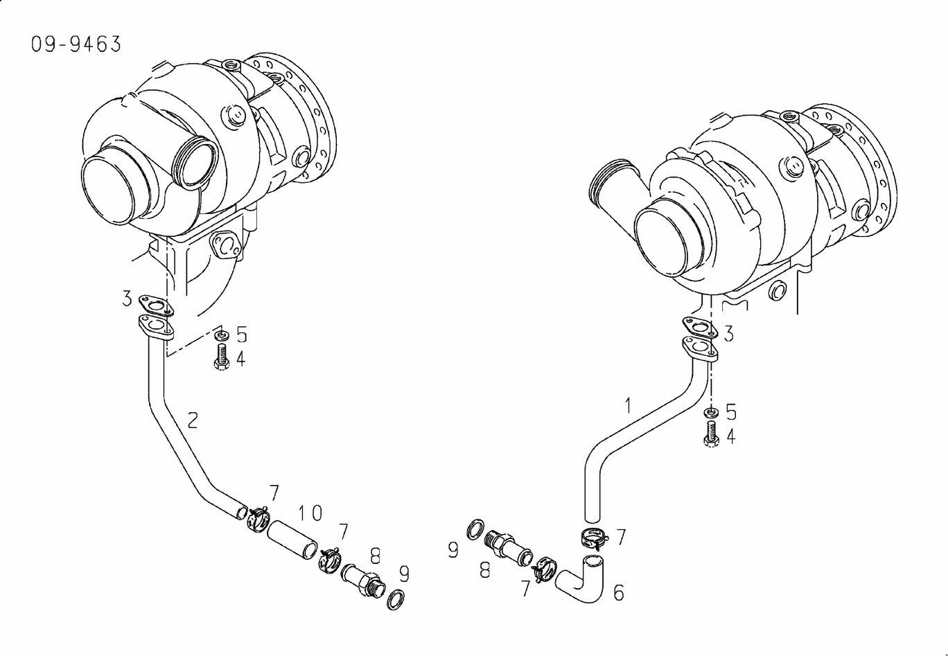 Exploded view of turbocharger oil return pipe