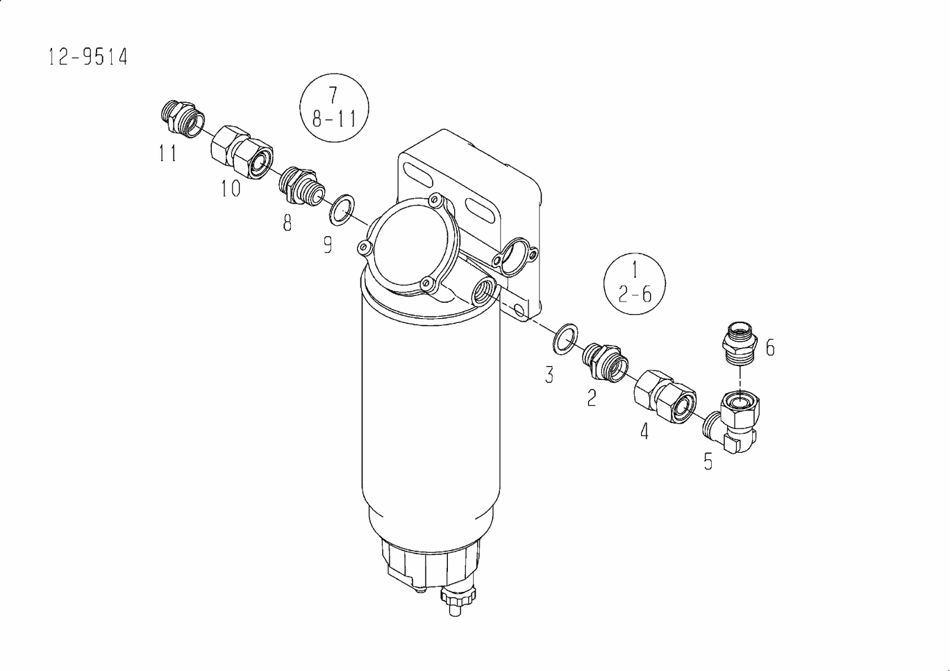 Exploded view of fuel filter with water trap parts kit
