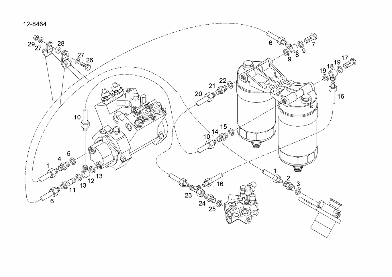 Exploded view of fuel lines hp pump fuel filter