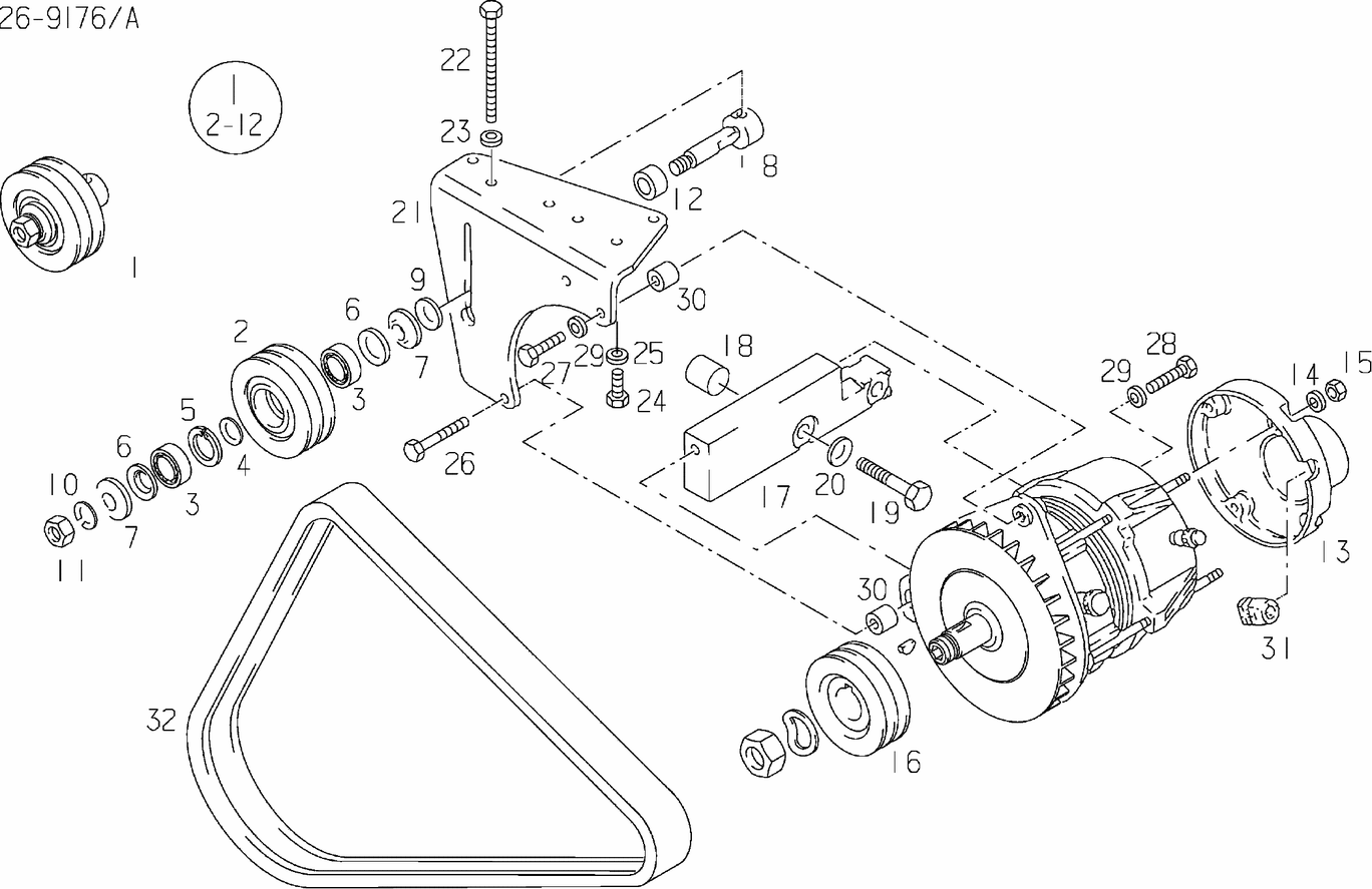 Exploded view of alternator mounting parts
