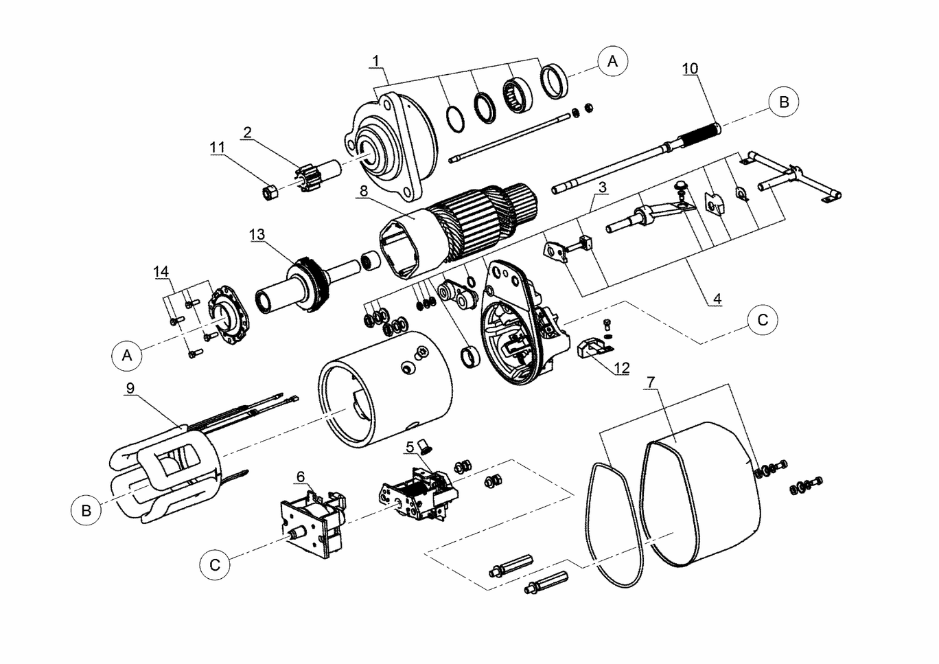 Exploded view of starter components