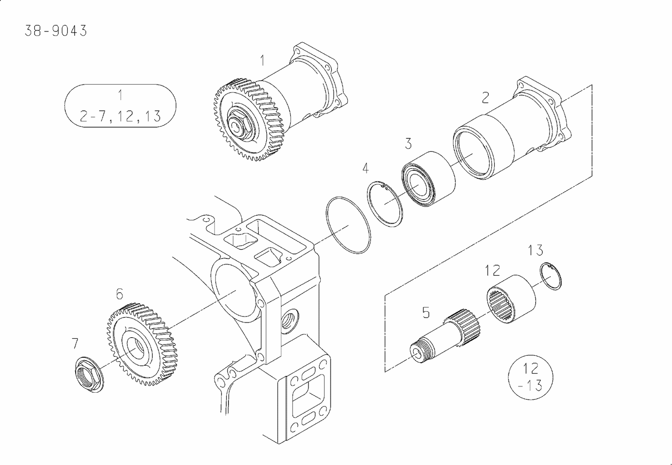 MAN D2842 LE423 power take-off components exploded parts diagram with numbered positions