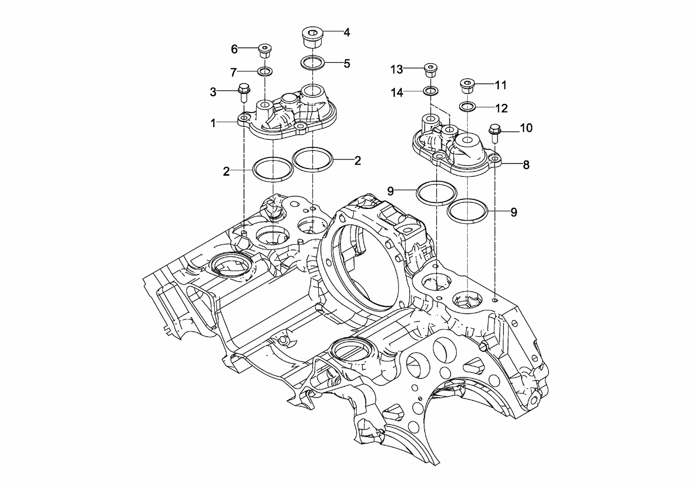 Exploded view of crankcase coolant elbow