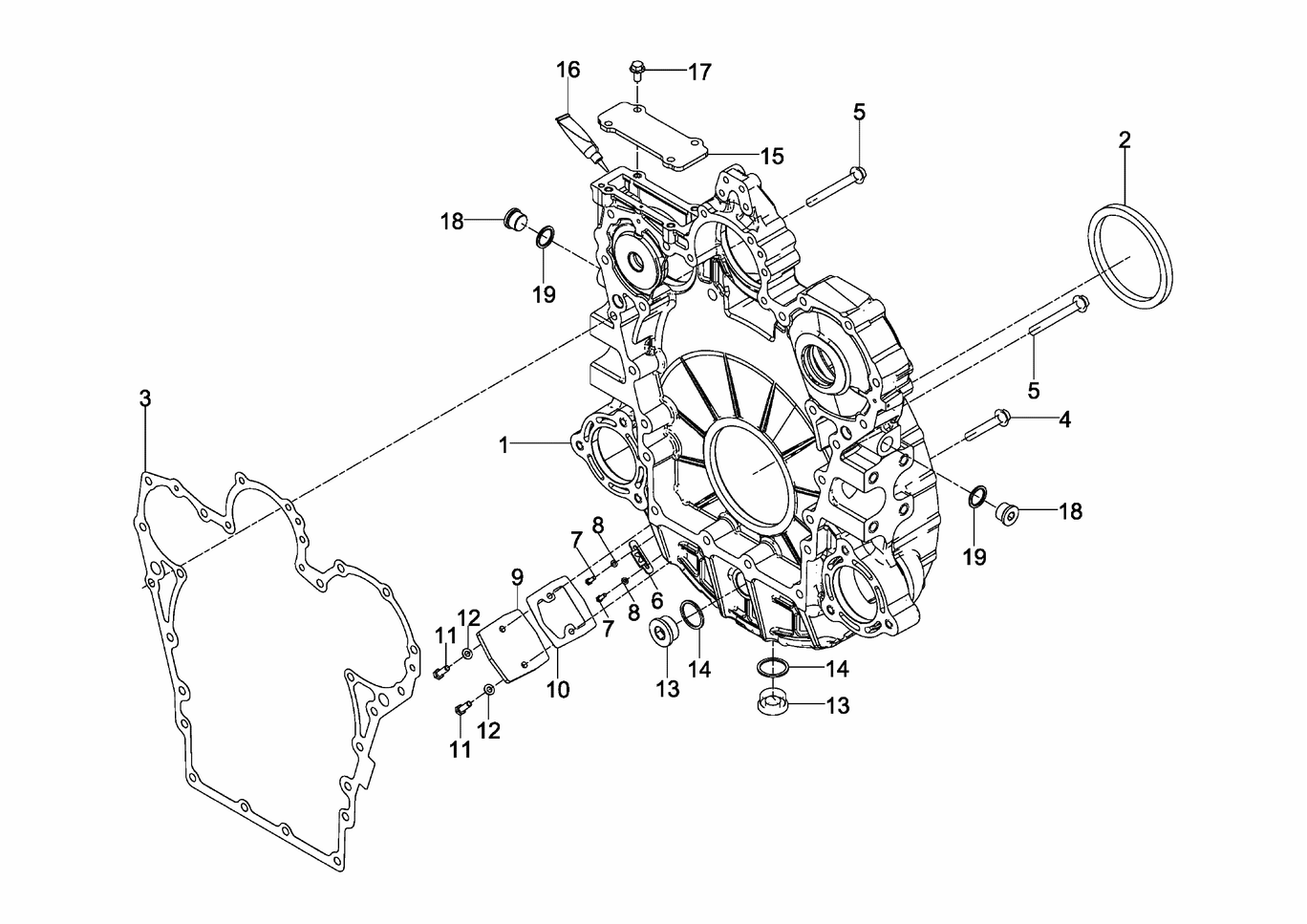 Exploded view of flywheel housing
