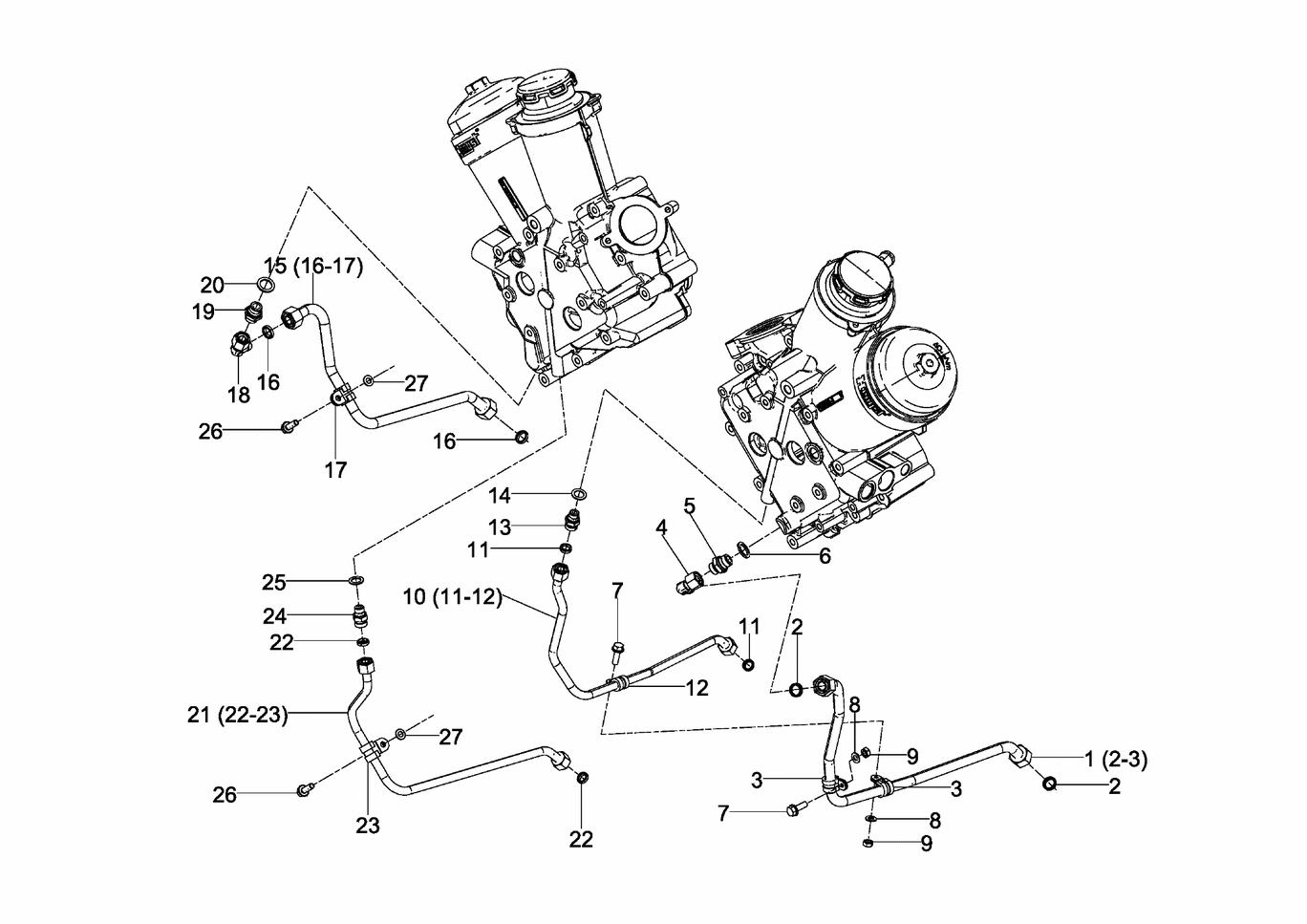 Exploded view of oil return lines