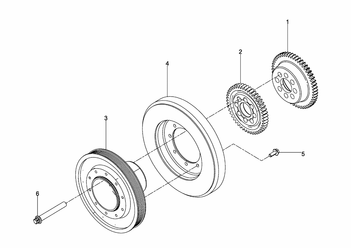 Exploded view of crankshaft timing gear - crankshaft vibration damper mounting parts