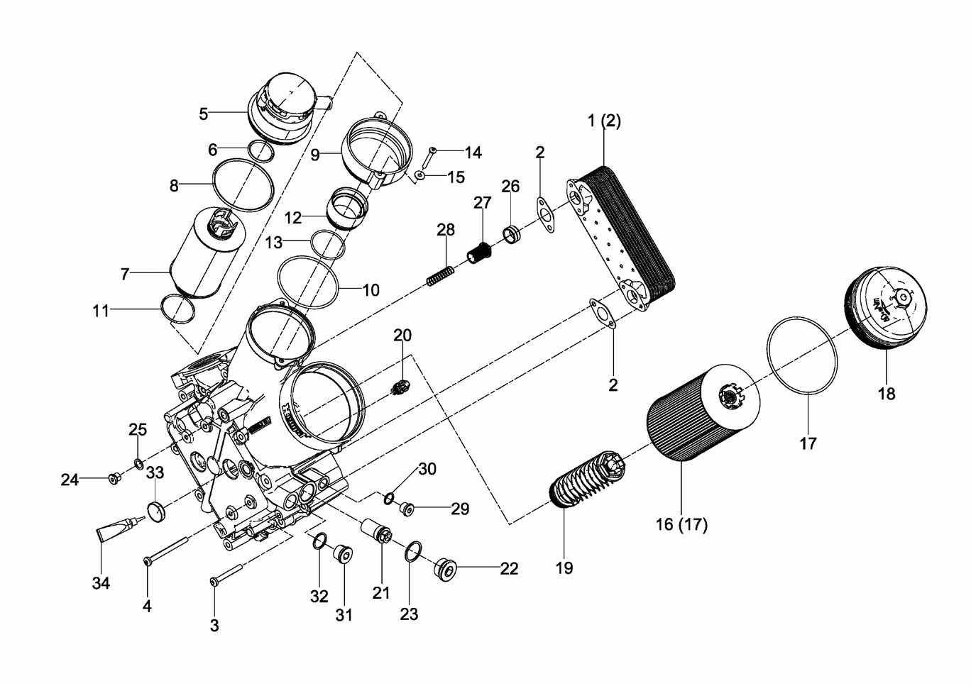 Exploded view of oil module left components