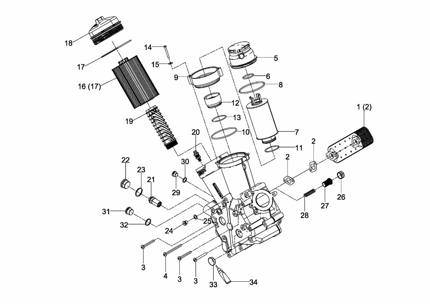 Exploded view of oil module right components