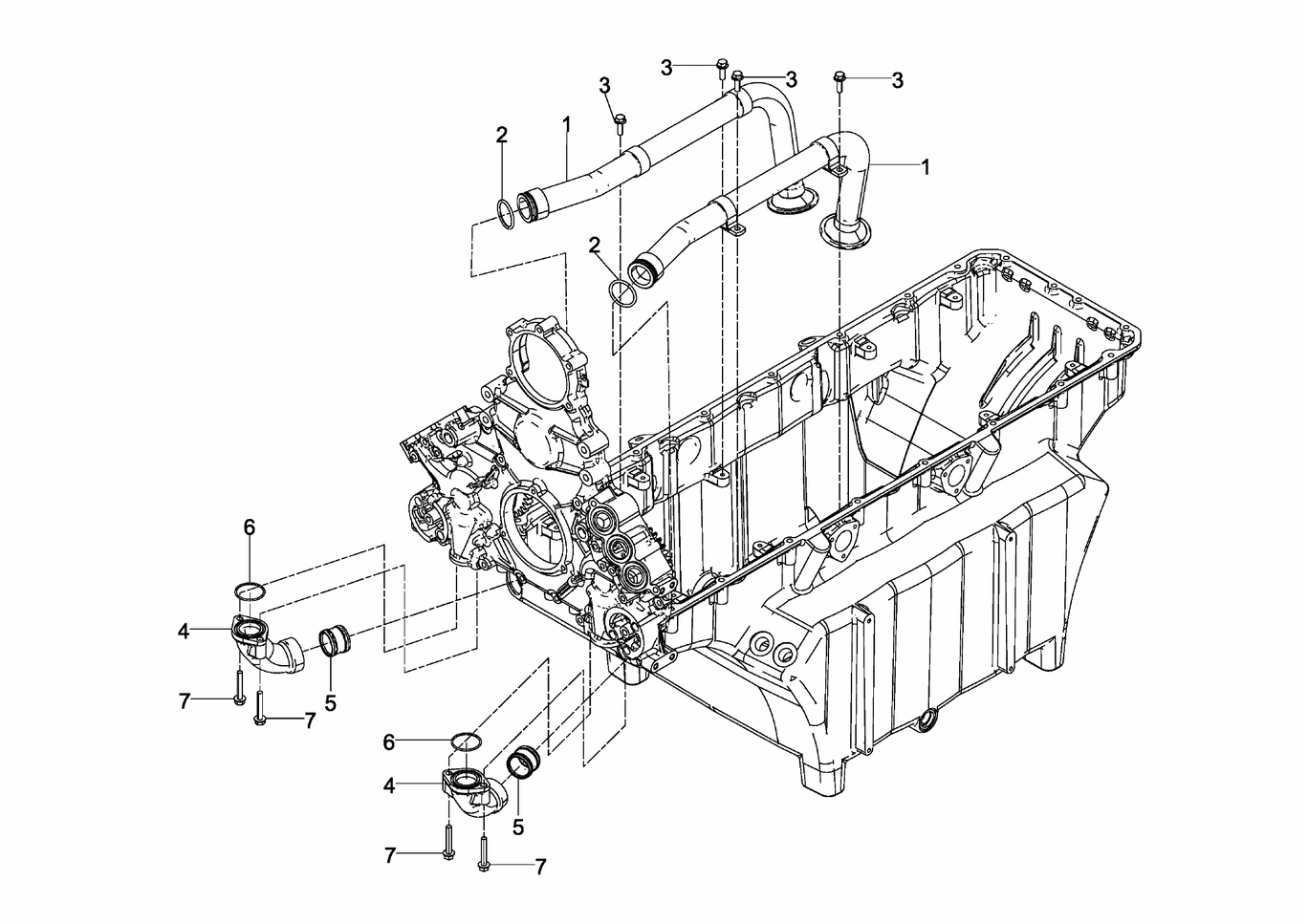Exploded view of oil sump oil suction lines