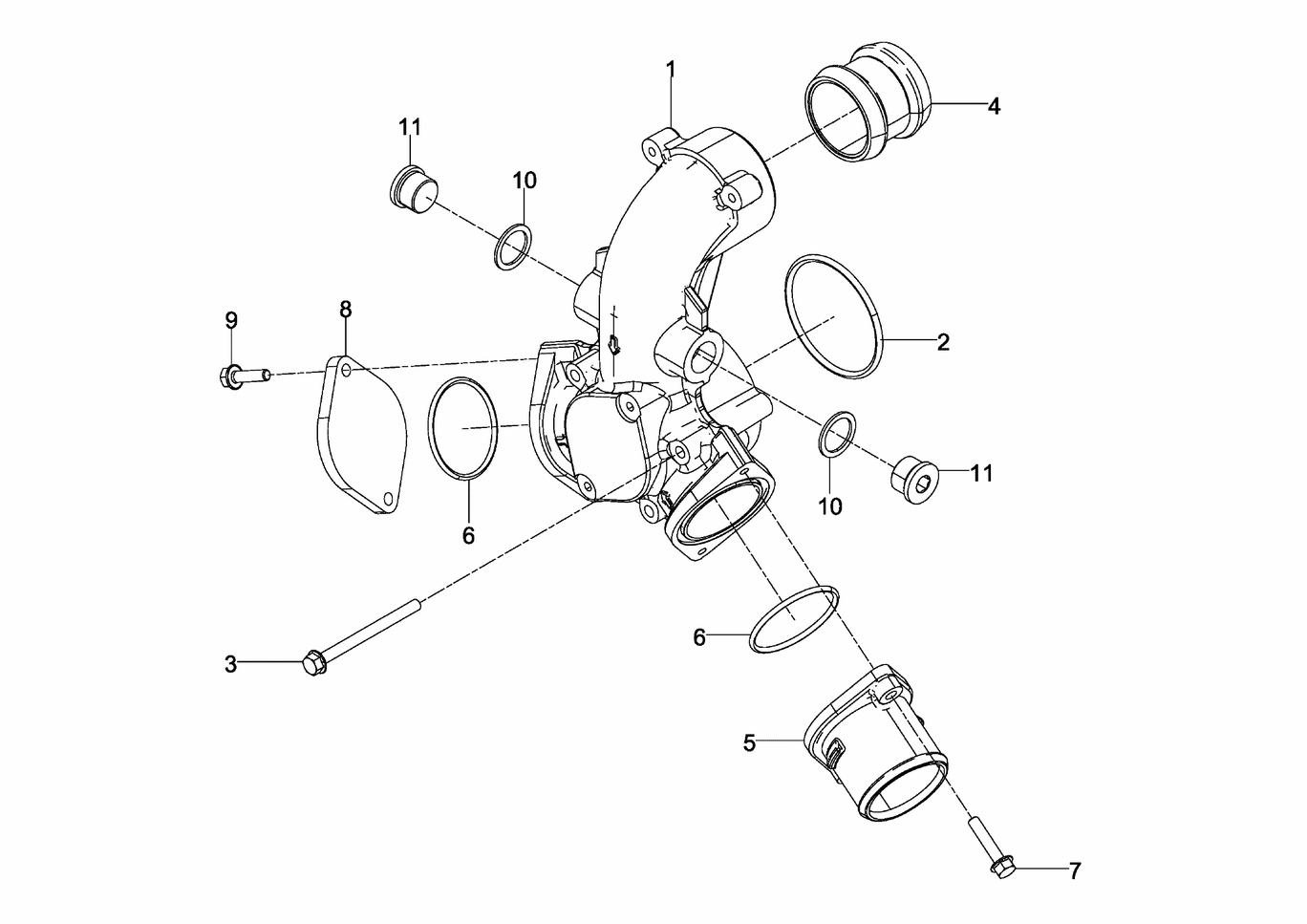 Exploded view of coolant elbow