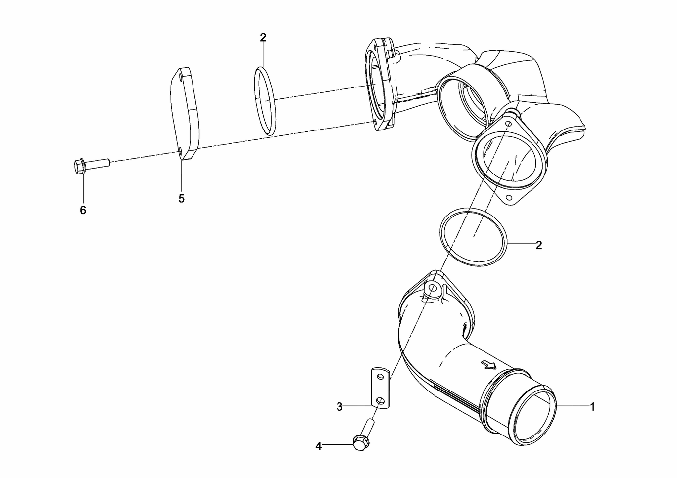 Exploded view of coolant pipe coolant outlet