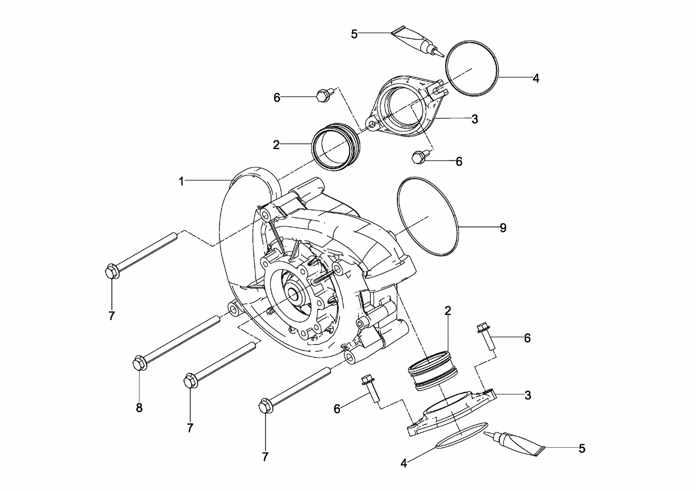 Exploded view of coolant pump mounting parts