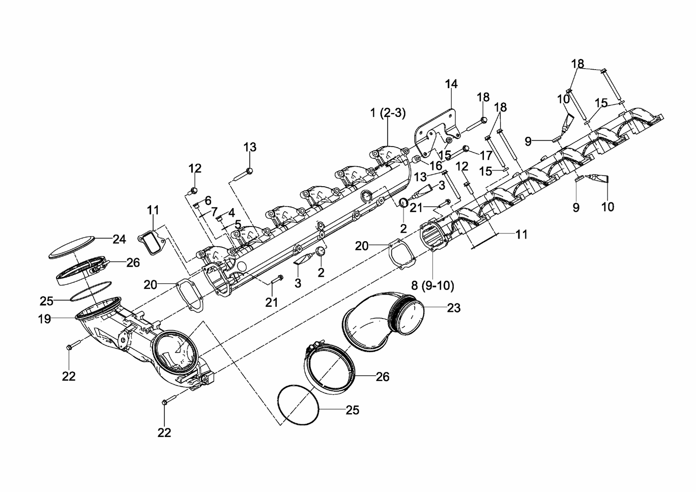 Exploded view of air distributor pipe intercooler elbow