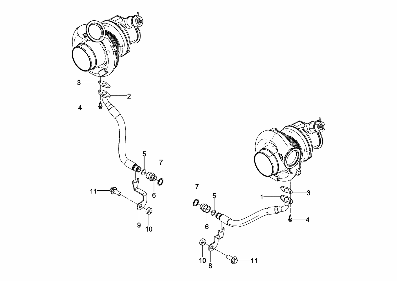 Exploded view of turbocharger oil return lines