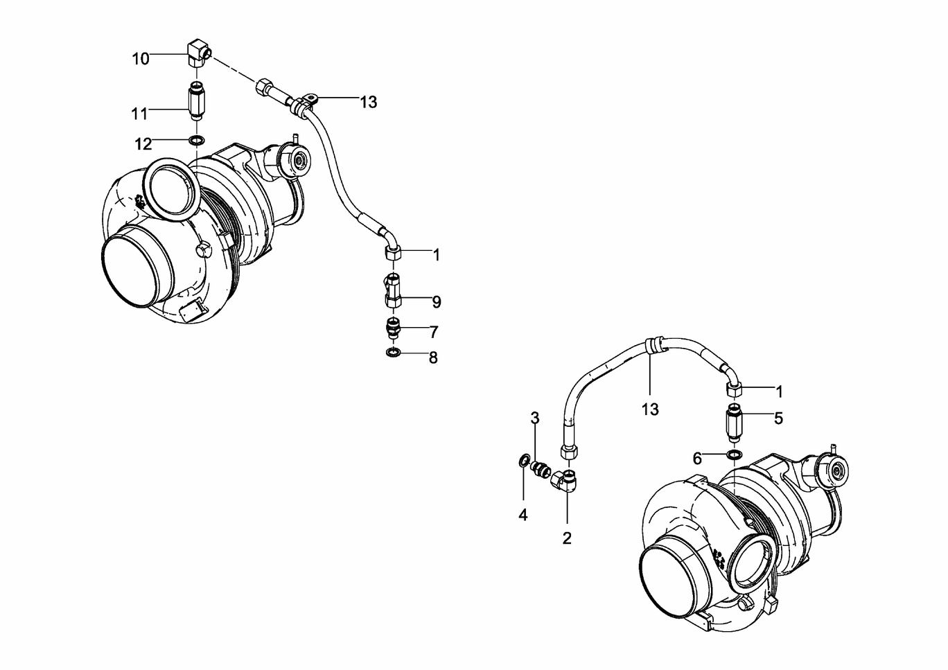 Exploded view of turbocharger pressure oil lines