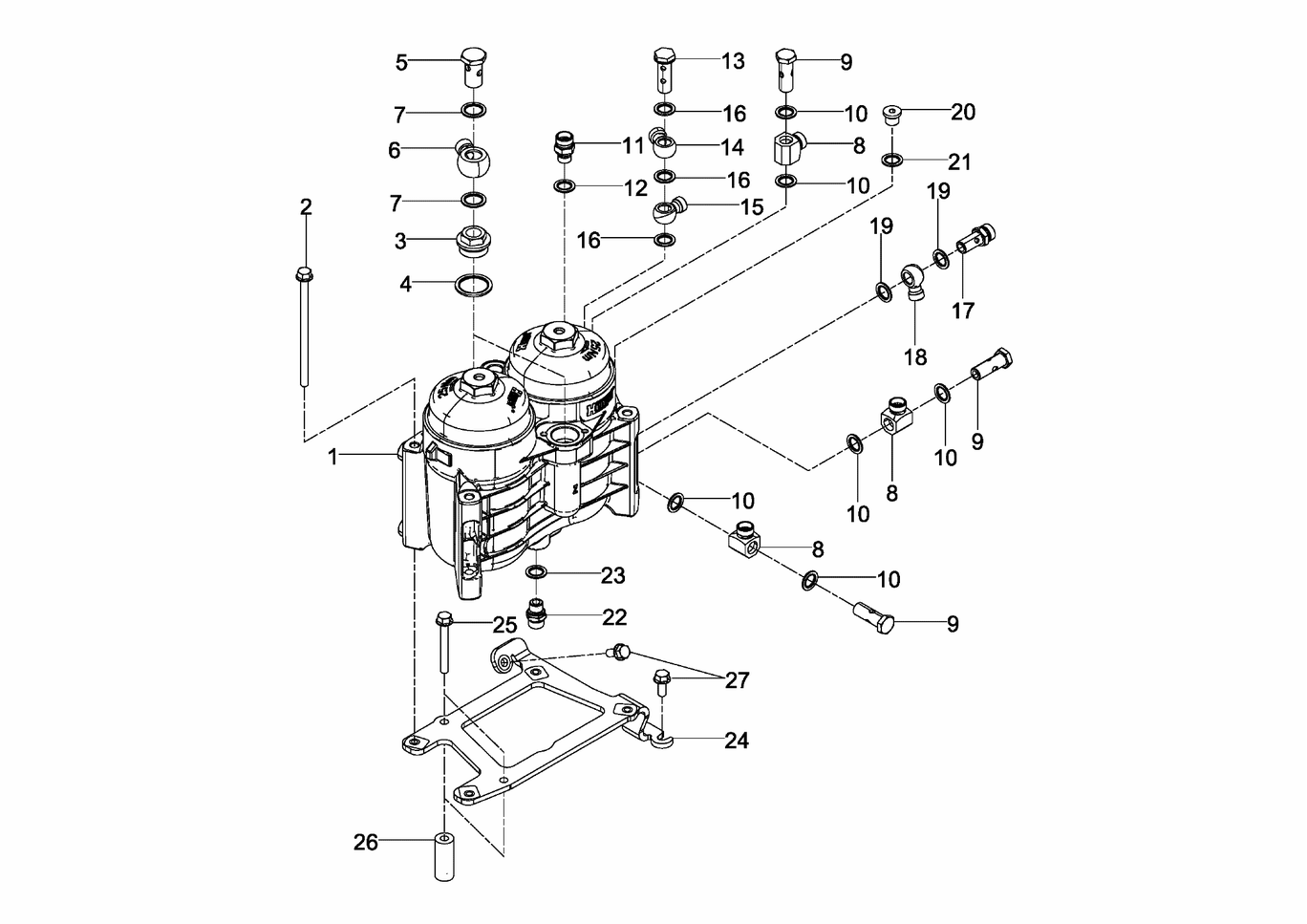 Exploded view of fuel filter fasteners and connections