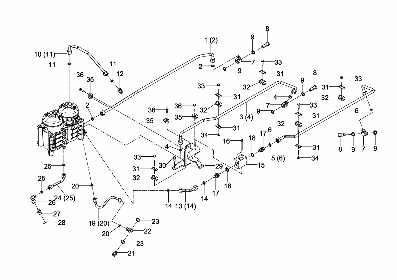 Exploded view of fuel lines