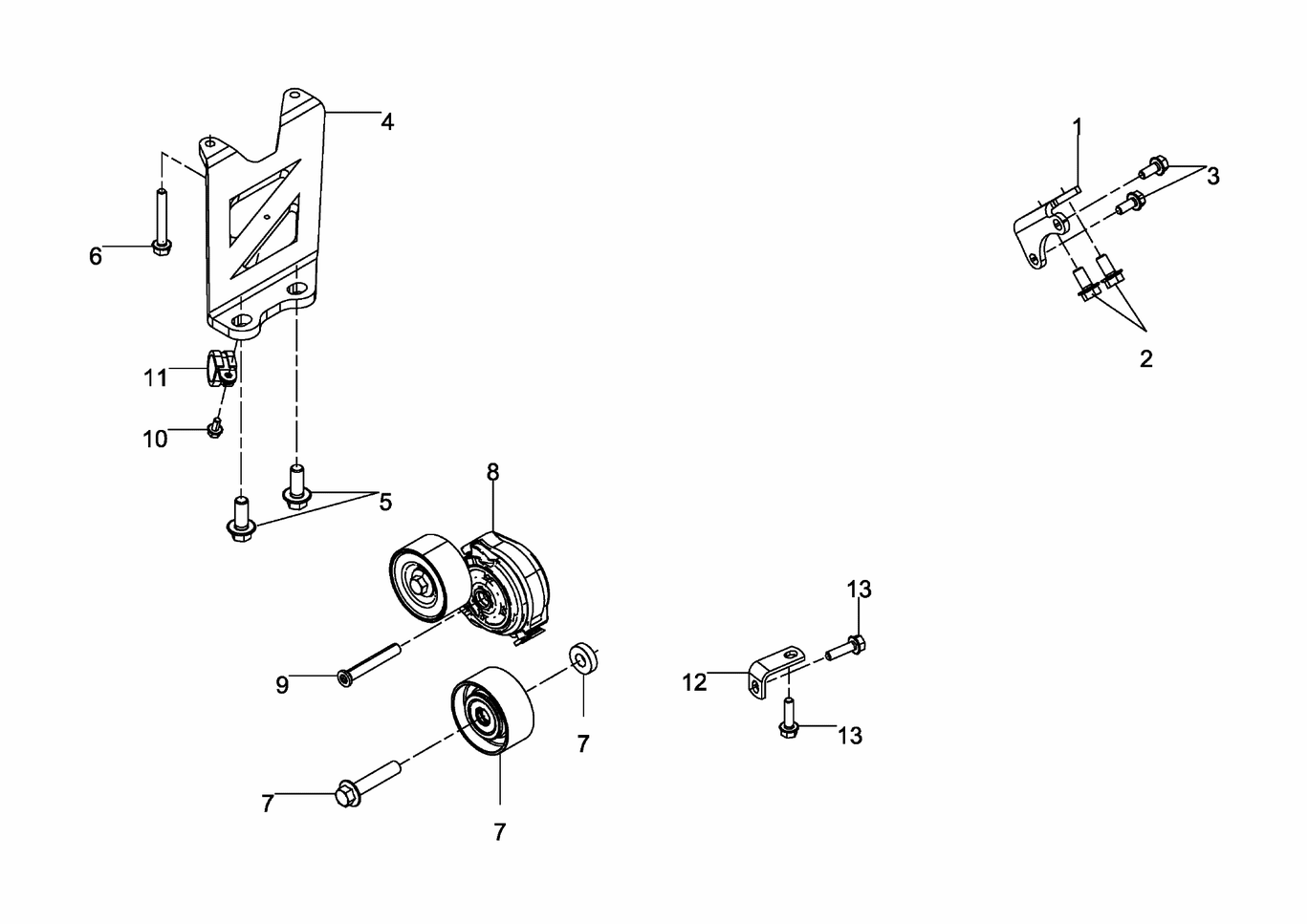 Exploded view of alternator bracket