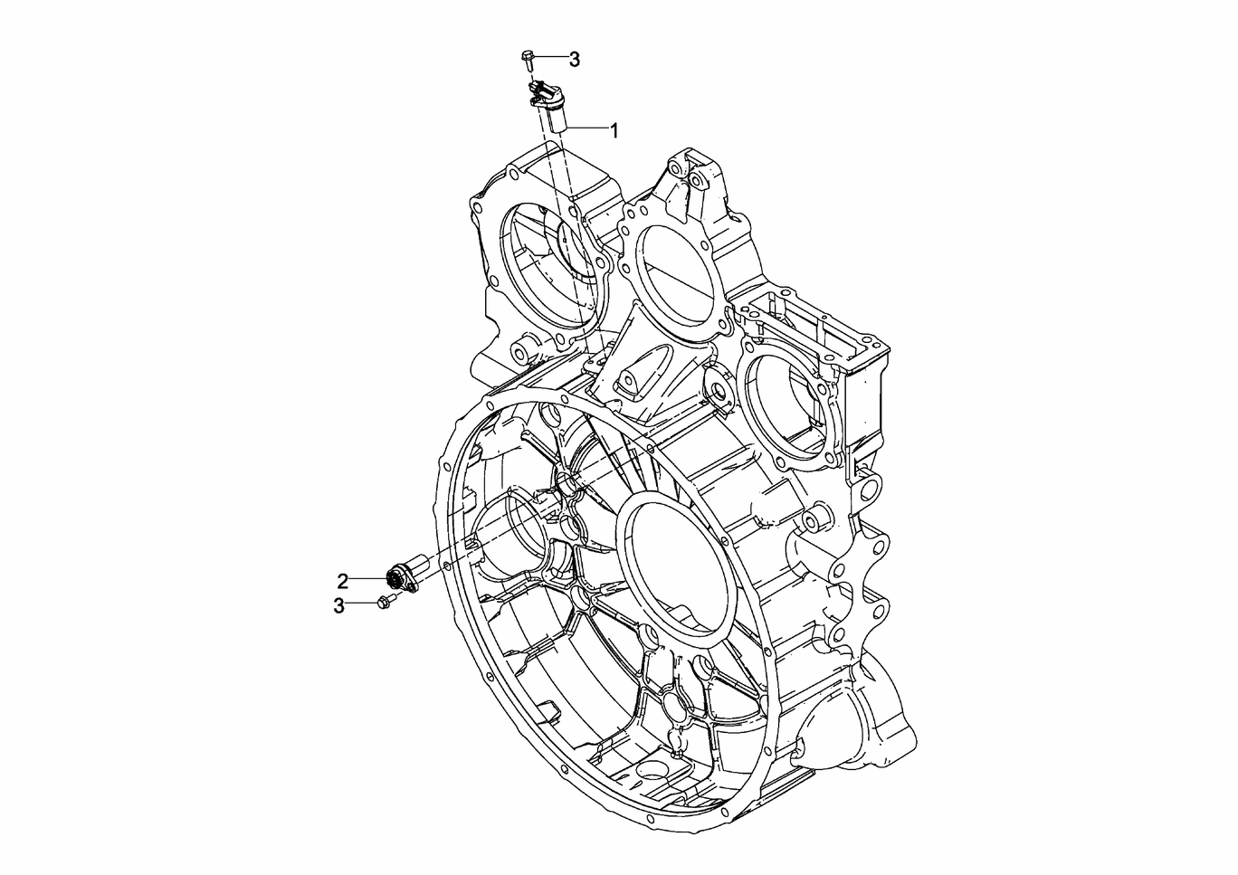 Exploded view of Speed sensor flywheel housing