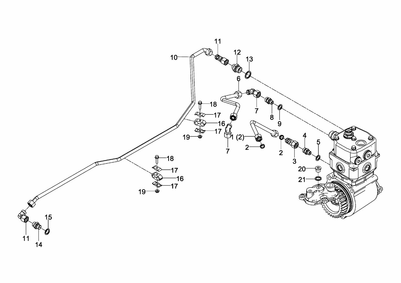 Exploded view of air compressor cooling water lines