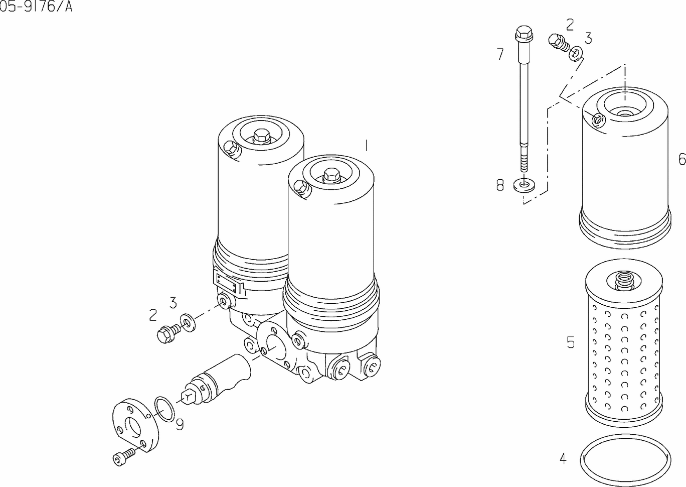 Exploded view of twin oil filter With change-over
